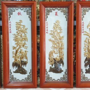 Tranh tứ quý kích thước 40x100cm đồng giả cổ dát vàng , khung gỗ