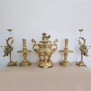 Bộ tam sự đỉnh hạc hoa sòi đồng vàng cao 40 cm